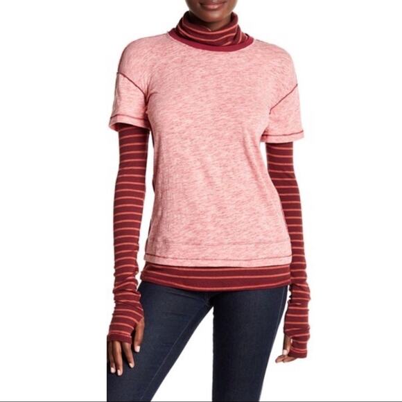 NWT Free People Piper Twofer Long Sleeve Tee – Washed Red Combo - Small - Picture 8 of 15